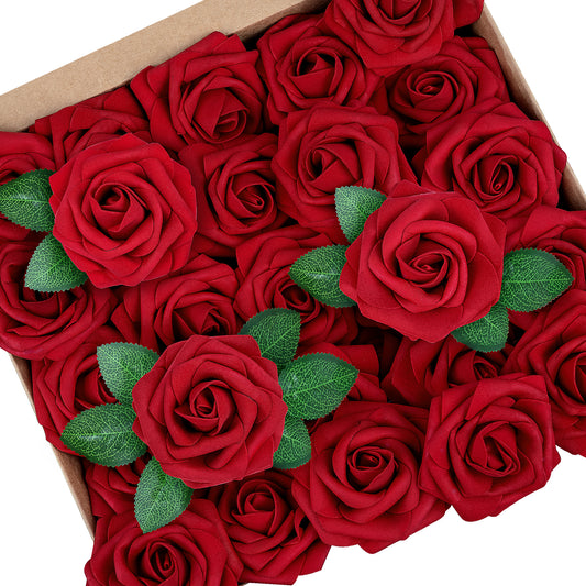 Mocoosy 50Pcs Red Roses Artificial Flowers Bulk, Dark Red Roses for Decorations, Real Looking Fake Foam Roses Bulk with Stems DIY Wedding Bouquets Floral Arrangement Mothers Day Party Home Table Decor