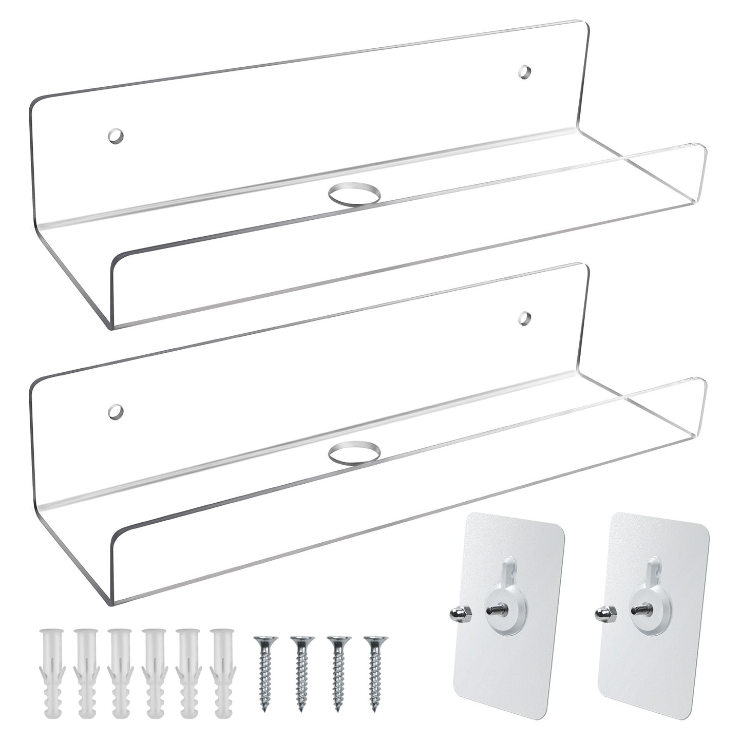 Mocoosy 2 Pack Clear Acrylic Floating Shelf 10'', Invisible Wall Mounted Shelf with Cord Hole, Small Display Ledge Shelves for Smart Speaker/Action Figures, Great for Kids Room Bathroom Display