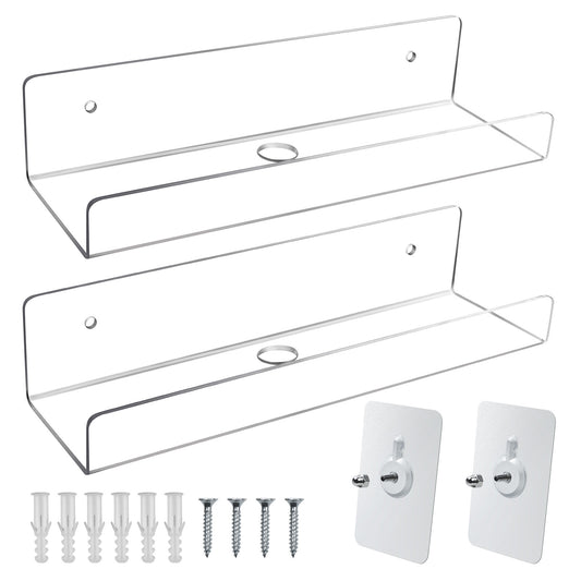Mocoosy 2 Pack Clear Acrylic Floating Shelf 10'', Invisible Wall Mounted Shelf with Cord Hole, Small Display Ledge Shelves for Smart Speaker/Action Figures, Great for Kids Room Bathroom Display