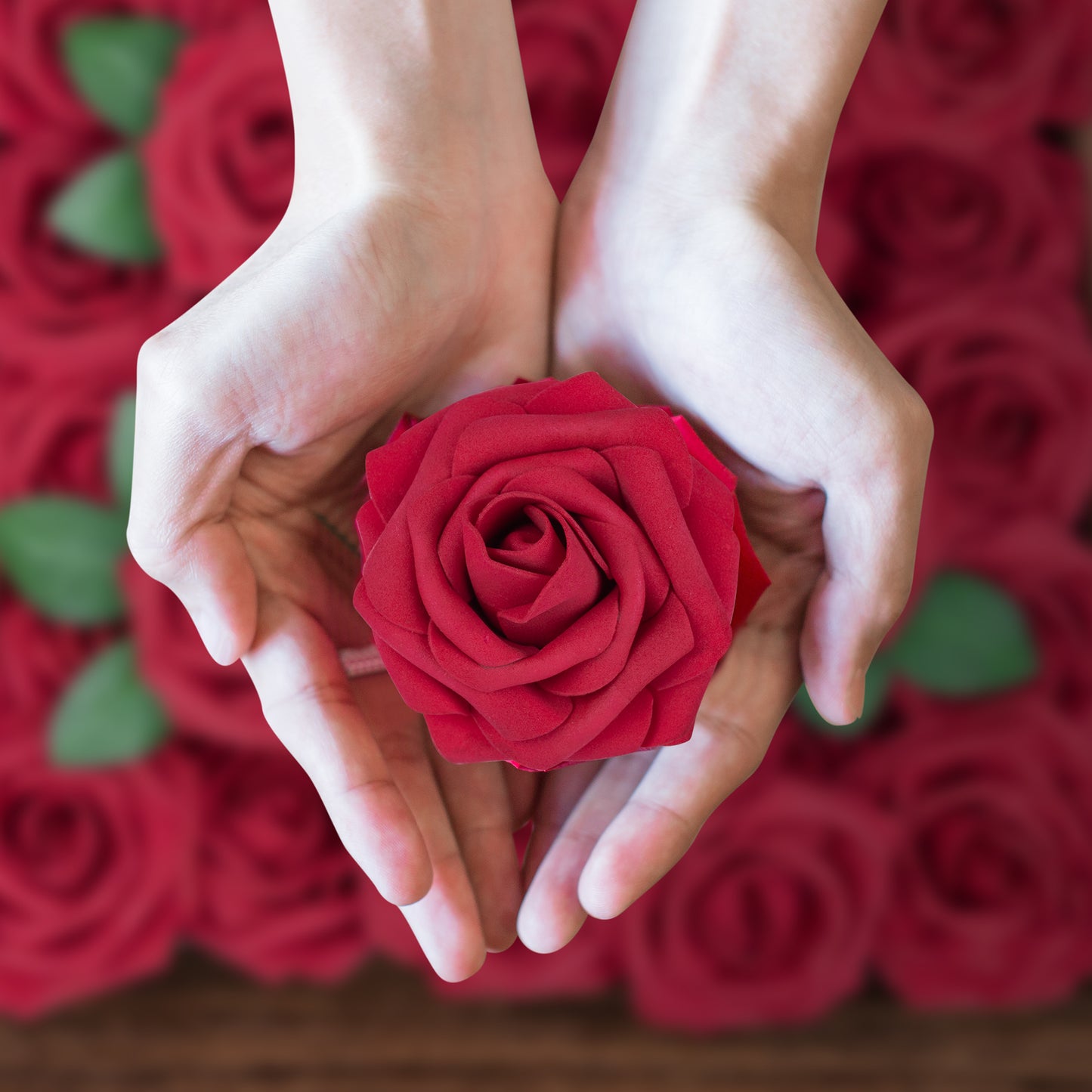 Mocoosy 50Pcs Red Roses Artificial Flowers Bulk, Dark Red Roses for Decorations, Real Looking Fake Foam Roses Bulk with Stems DIY Wedding Bouquets Floral Arrangement Mothers Day Party Home Table Decor