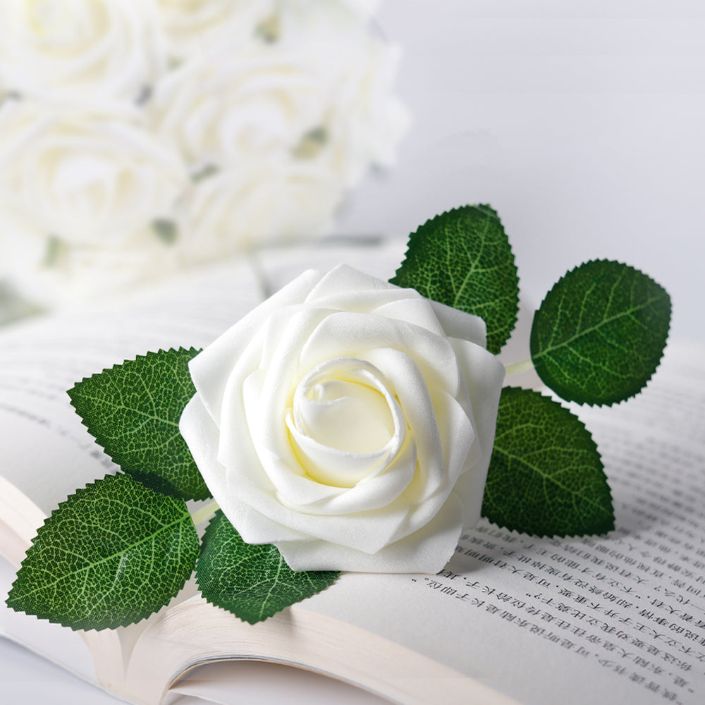 Mocoosy 50Pcs White Rose Artificial Flowers, Ivory Roses for Decorations, Real Touch Fake Rose with Stems Bulk DIY Wedding Bouquet Bridal Shower Faux Floral Arrangement Mothers Day Party Home Decor