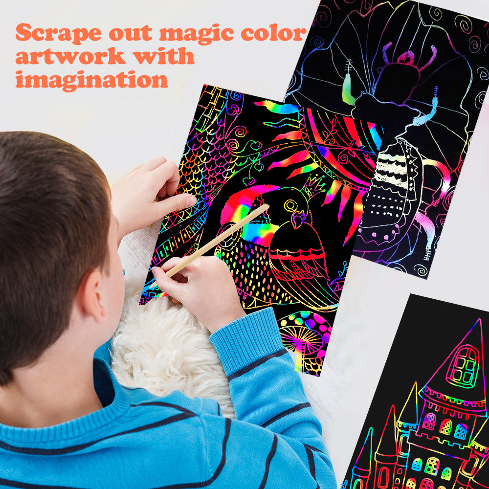 Mocoosy 60 Pcs Rainbow Scratch Art Paper for Kids, Magic Scratch Off Paper Set Art Craft Kit Black Scratch Sheets with Stencils Birthday Party Favor Game Activities Gifts for Girls Boys Ages 4-8 8-12