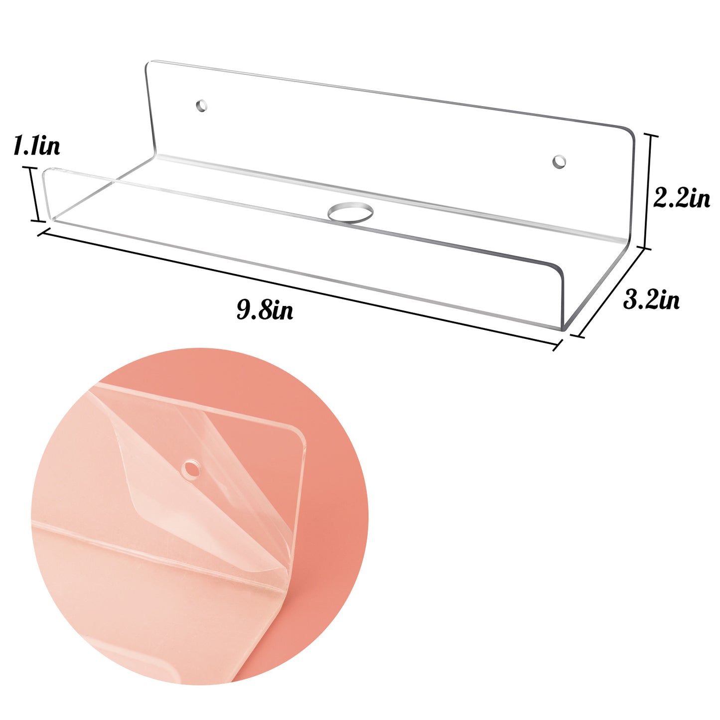 Mocoosy 2 Pack Clear Acrylic Floating Shelf 10'', Invisible Wall Mounted Shelf with Cord Hole, Small Display Ledge Shelves for Smart Speaker/Action Figures, Great for Kids Room Bathroom Display