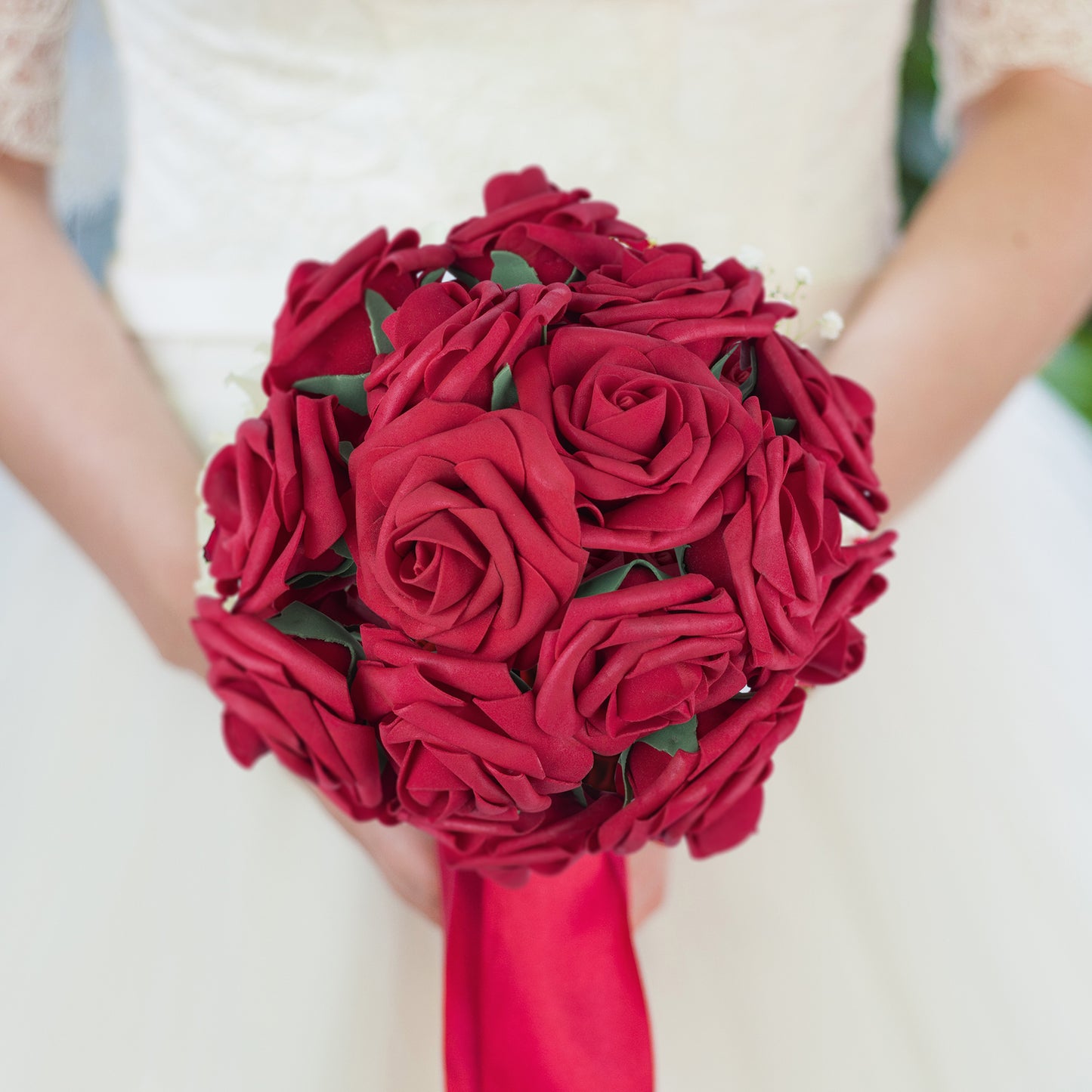 Mocoosy 50Pcs Red Roses Artificial Flowers Bulk, Dark Red Roses for Decorations, Real Looking Fake Foam Roses Bulk with Stems DIY Wedding Bouquets Floral Arrangement Mothers Day Party Home Table Decor
