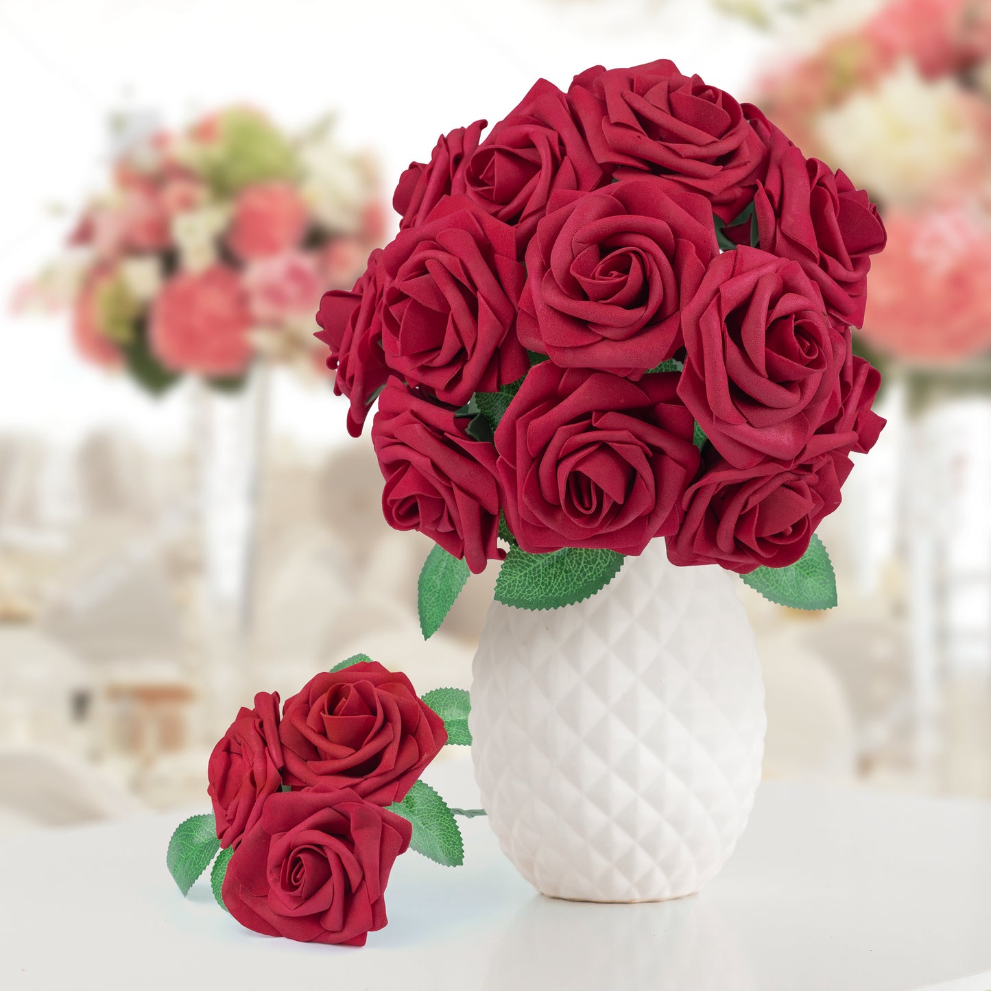 Mocoosy 50Pcs Red Roses Artificial Flowers Bulk, Dark Red Roses for Decorations, Real Looking Fake Foam Roses Bulk with Stems DIY Wedding Bouquets Floral Arrangement Mothers Day Party Home Table Decor