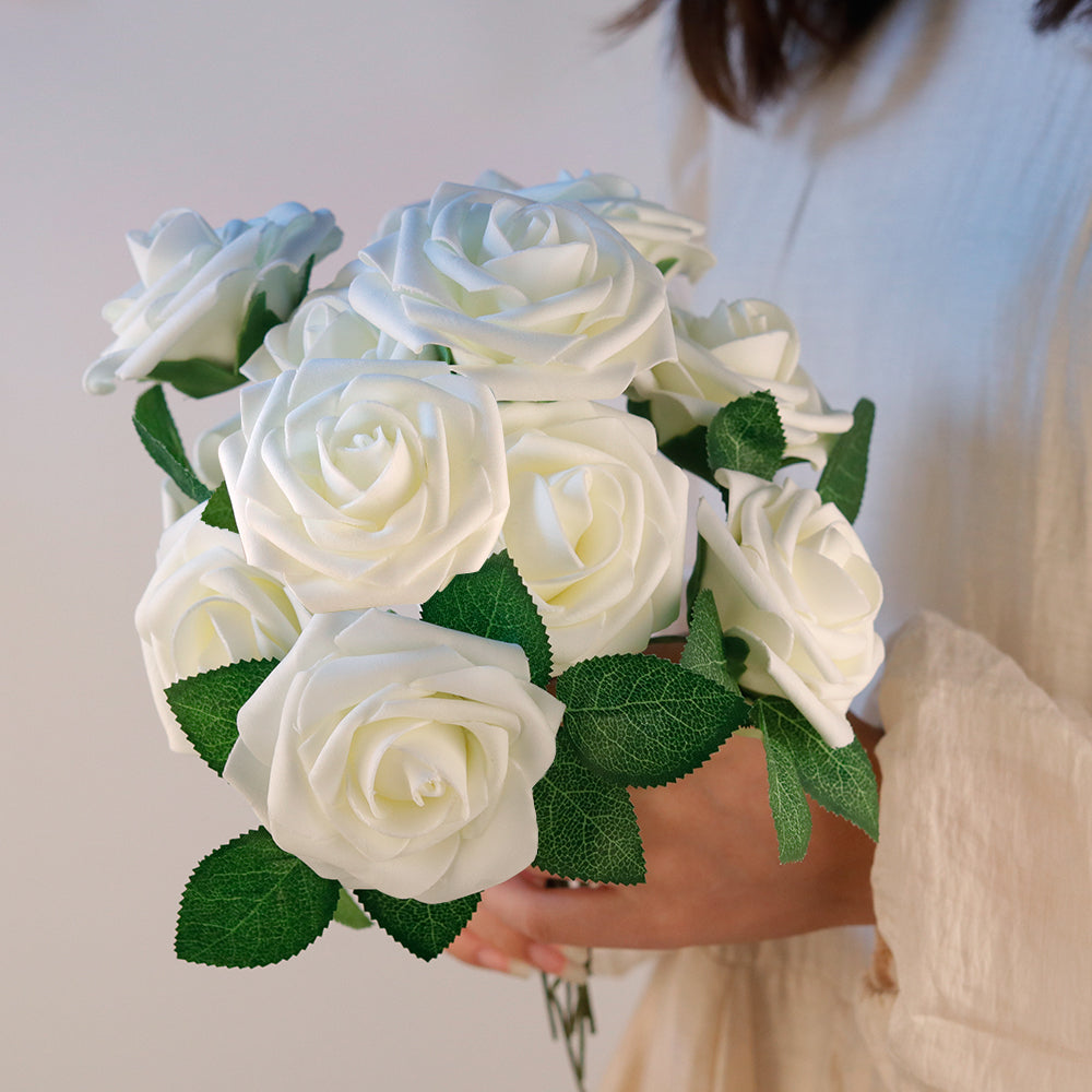 Mocoosy 50Pcs White Rose Artificial Flowers, Ivory Roses for Decorations, Real Touch Fake Rose with Stems Bulk DIY Wedding Bouquet Bridal Shower Faux Floral Arrangement Mothers Day Party Home Decor