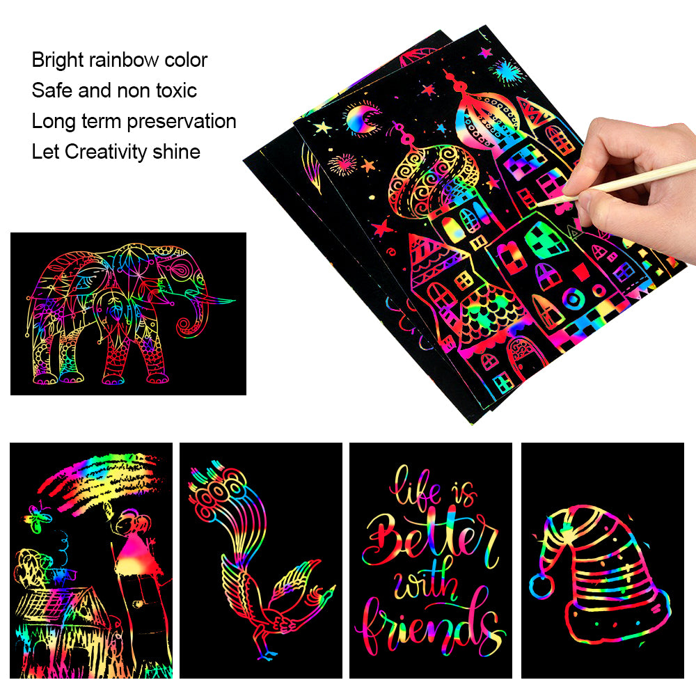 Mocoosy 60 Pcs Rainbow Scratch Art Paper for Kids, Magic Scratch Off Paper Set Art Craft Kit Black Scratch Sheets with Stencils Birthday Party Favor Game Activities Gifts for Girls Boys Ages 4-8 8-12
