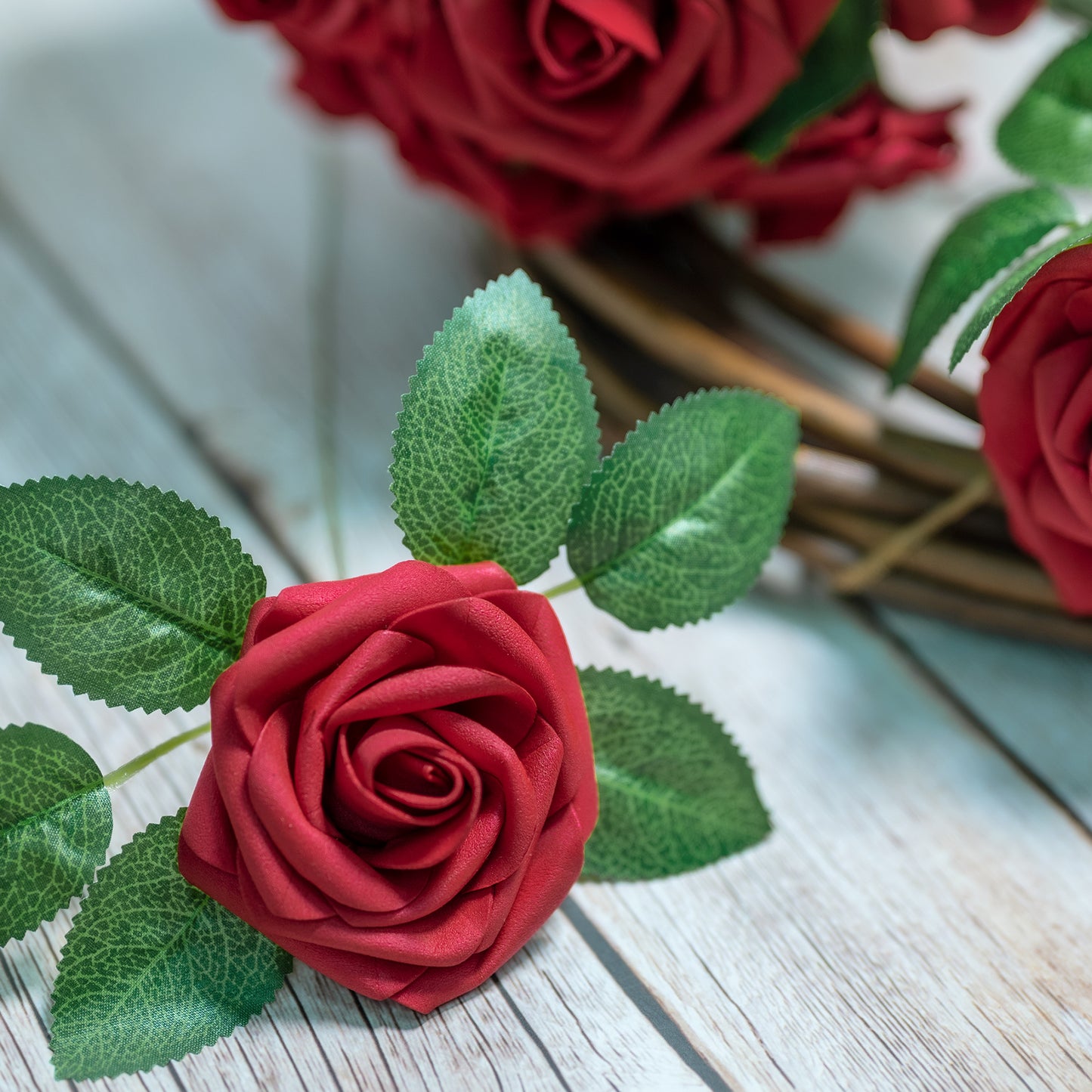 Mocoosy 50Pcs Red Roses Artificial Flowers Bulk, Dark Red Roses for Decorations, Real Looking Fake Foam Roses Bulk with Stems DIY Wedding Bouquets Floral Arrangement Mothers Day Party Home Table Decor