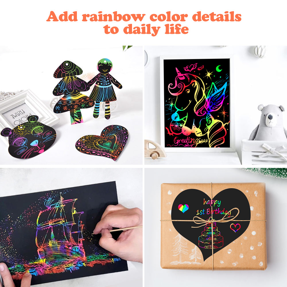 Mocoosy 60 Pcs Rainbow Scratch Art Paper for Kids, Magic Scratch Off Paper Set Art Craft Kit Black Scratch Sheets with Stencils Birthday Party Favor Game Activities Gifts for Girls Boys Ages 4-8 8-12
