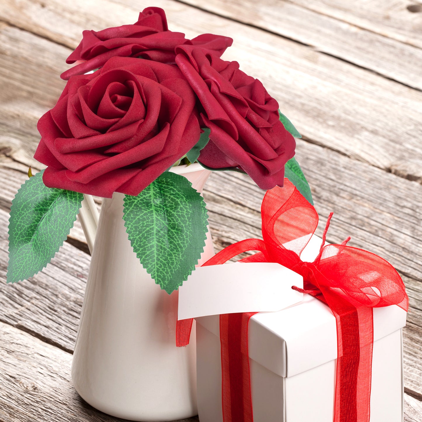 Mocoosy 50Pcs Red Roses Artificial Flowers Bulk, Dark Red Roses for Decorations, Real Looking Fake Foam Roses Bulk with Stems DIY Wedding Bouquets Floral Arrangement Mothers Day Party Home Table Decor