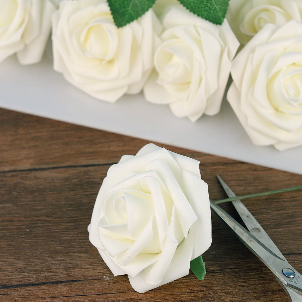 Mocoosy 50Pcs White Rose Artificial Flowers, Ivory Roses for Decorations, Real Touch Fake Rose with Stems Bulk DIY Wedding Bouquet Bridal Shower Faux Floral Arrangement Mothers Day Party Home Decor