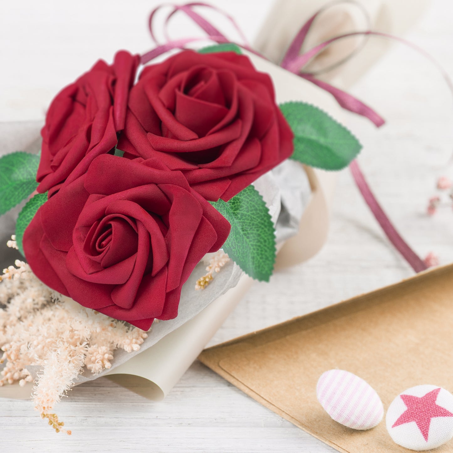 Mocoosy 50Pcs Red Roses Artificial Flowers Bulk, Dark Red Roses for Decorations, Real Looking Fake Foam Roses Bulk with Stems DIY Wedding Bouquets Floral Arrangement Mothers Day Party Home Table Decor