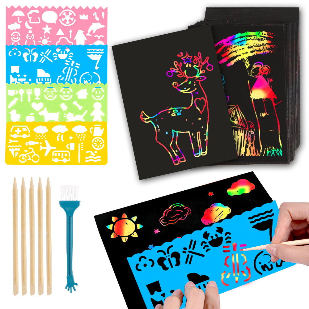 Mocoosy 60 Pcs Rainbow Scratch Art Paper for Kids, Magic Scratch Off Paper Set Art Craft Kit Black Scratch Sheets with Stencils Birthday Party Favor Game Activities Gifts for Girls Boys Ages 4-8 8-12