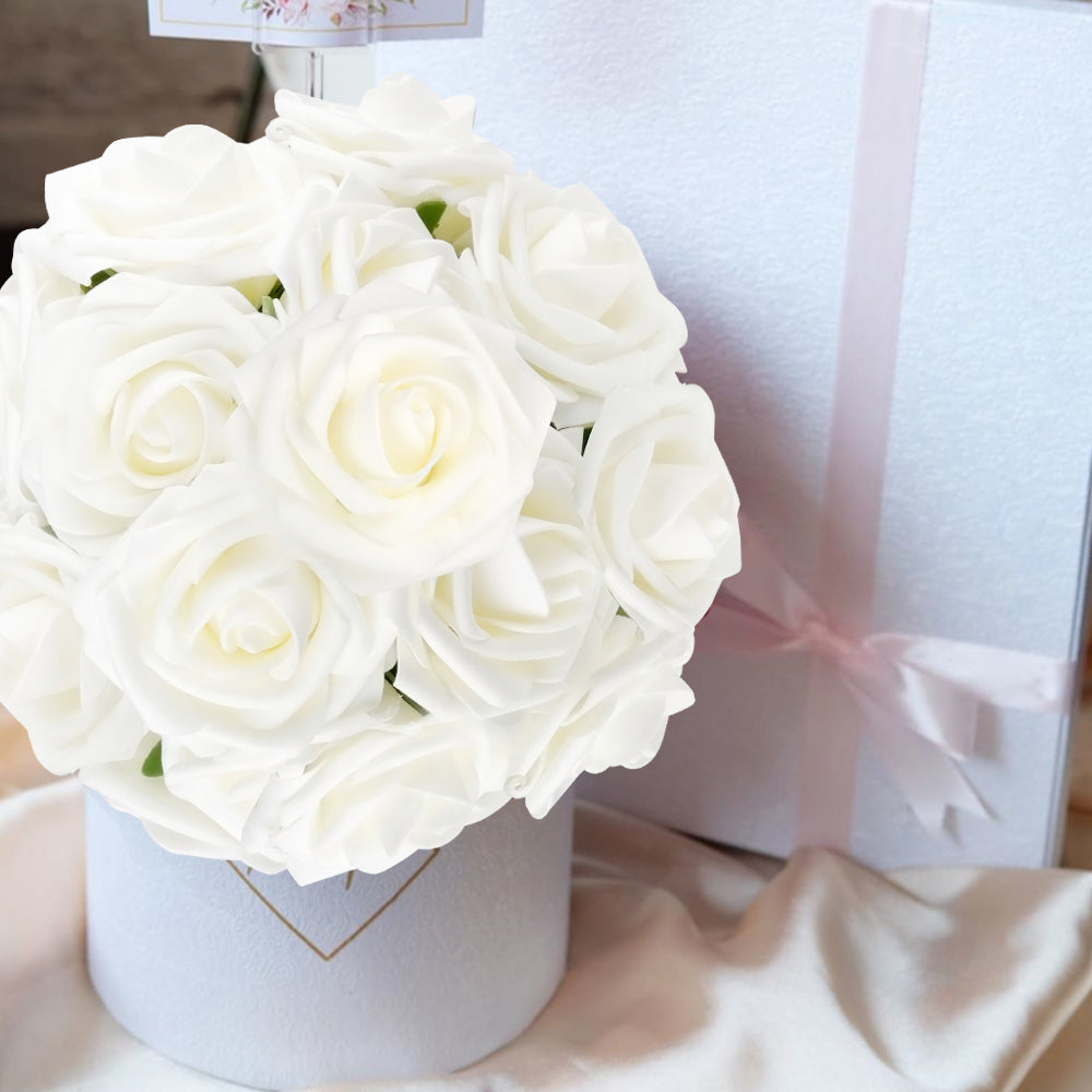 Mocoosy 50Pcs White Rose Artificial Flowers, Ivory Roses for Decorations, Real Touch Fake Rose with Stems Bulk DIY Wedding Bouquet Bridal Shower Faux Floral Arrangement Mothers Day Party Home Decor