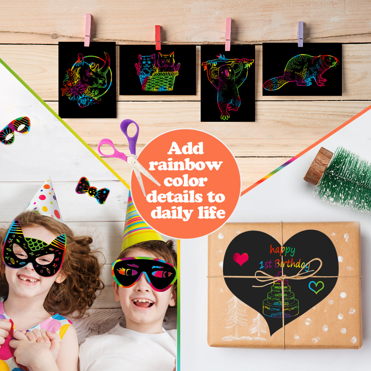 Mocoosy 3 Pack Rainbow Scratch Paper Art Notebooks, Magic Scratch Paper Set for Kids Arts Crafts, Black Scratch Note Doodle Pads for DIY Drawing Activity Birthday Gifts Ideas for Boys Girls Ages 3-12