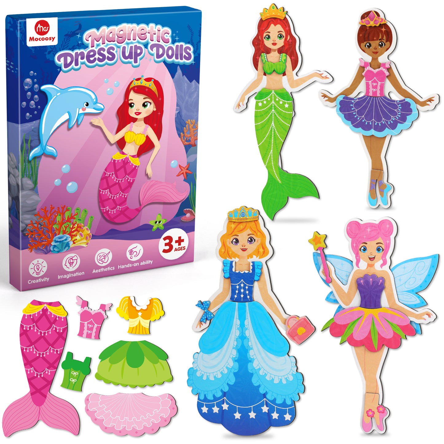 Mocoosy Magnetic Dress Up Dolls for Girls, Princess Mermaid Fairy Ballerina Magnet Dolls Dress Up Kits, Travel Game Car Road Trip Airplane Activity Toys Easter Gifts for Toddler Girls Ages 3 4 5 6 7