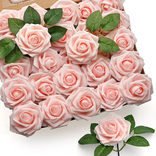 Mocoosy 50Pcs Rose Artificial Flowers, Blush Pink Roses for Decoration, Real Touch Foam Fake Roses Bulk with Stems DIY Wedding Bouquet Centerpiece Floral Arrangement Mothers Day Party Home Table Decor