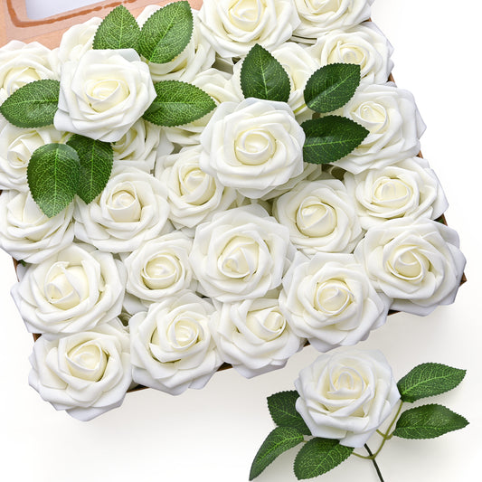 Mocoosy 50Pcs White Rose Artificial Flowers, Ivory Roses for Decorations, Real Touch Fake Rose with Stems Bulk DIY Wedding Bouquet Bridal Shower Faux Floral Arrangement Mothers Day Party Home Decor