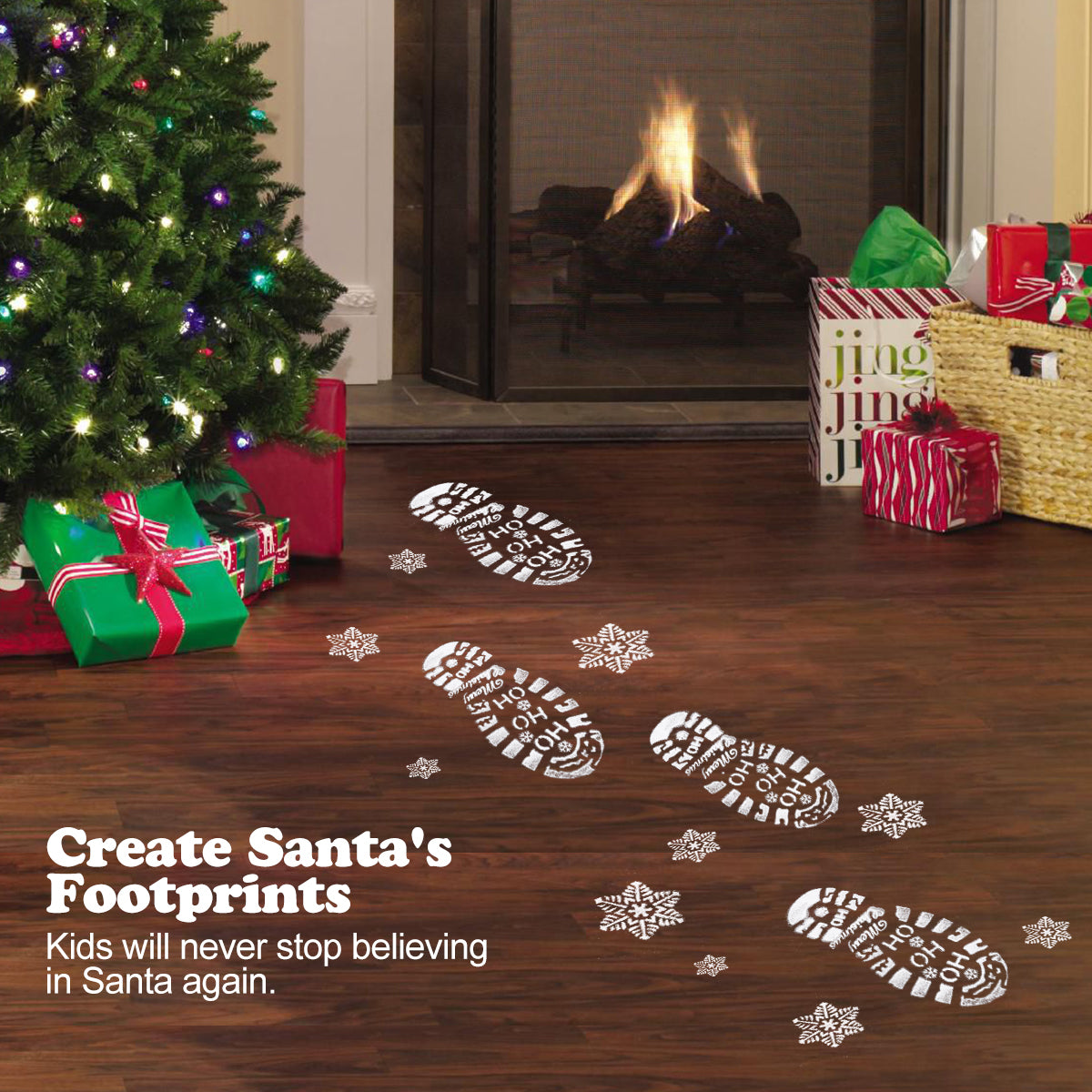 Christmas Stencils for Painting Santa Footprints for Floor, Santa Claus Boot Prints and Snowflake Stencils Template, Reusable Plastic Elf Foot Print Stencil Holiday Xmas Decorations DIY Craft