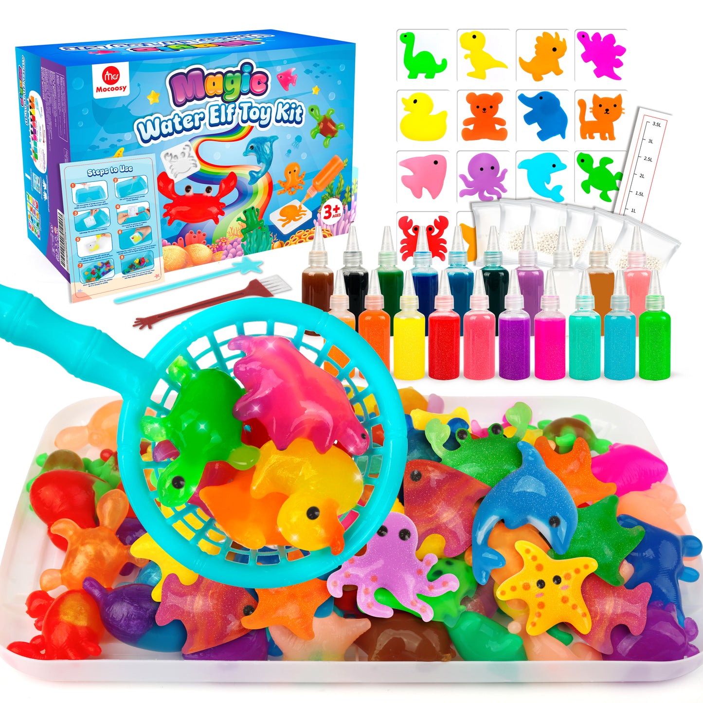 Mocoosy 20 Colors Magic Water Gel Kit for Kids, Aqua Fairy Water Elf Toy Kit with 20 Magic Gels & 16 Squishy Maker Molds, Squishy Making Kit Water Pets DIY STEM Toy Crafts Gifts for Boys Girls