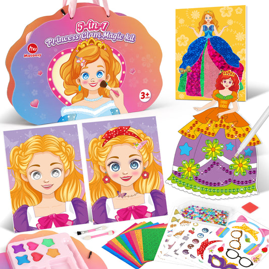 Mocoosy 5-in-1 Princess Dress Up & Makeup Book Set, Paper Doll Artist Activity Kit for Diamond Painting & Foil Art, Travel Game Airplane Car Road Trip Toys Art Craft Supplies for Girls Birthday Gift