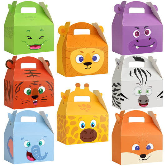 Mocoosy 24PCS Animal Party Favor Treat Boxes, Thickened Cardboard Gift Boxes Candy Snack Goodie Bags for Kids Birthday, Recycled Paper Gable Box with Handles for Jungle Safari Zoo Theme Party Supplies