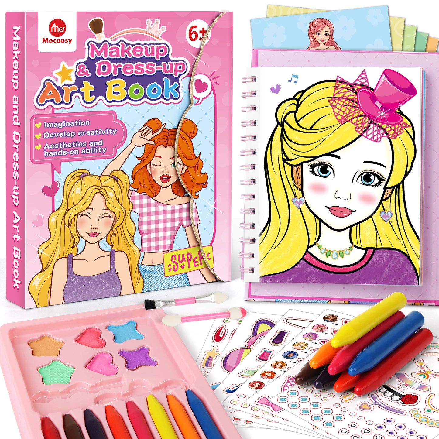 Mocoosy Makeup Craft Kit for Girls Ages 6-8, DIY Makeup Activity Book with Stickers, Mess-Free Dress-Up Art Crafts, Travel Game Car Road Trip Airplane Toy Birthday Gift Ideas for 6 7 9 10 Years Old