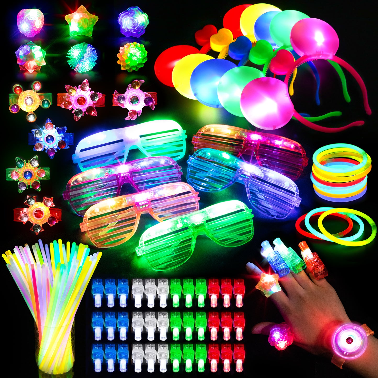 Mocoosy 103PCS Glow in the Dark Party Supplies, Light Up Party Favors for Kids Adults Neon Toys Bulk Party Pack With Glow Sticks, Led Glasses, Light Up Bracelets, Finger Lights, Jelly Ring & Headbands