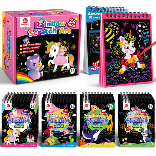 Mocoosy 24 Pack Scratch Art Party Favors for Kids, Rainbow Scratch Paper with 10 Designs, Easter Basket Stuffers, Birthday Goodie Bag Fillers, Classroom Prizes, Craft Kits, Art Supplies for Boys Girls