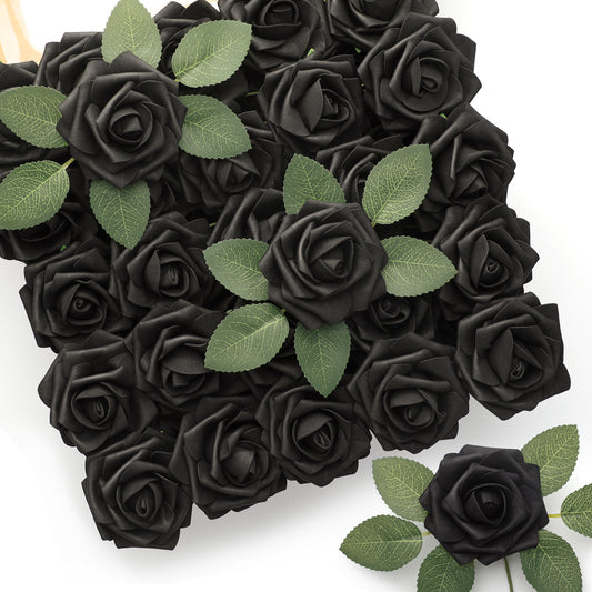 Mocoosy 50Pcs Black Roses Artificial Flowers, Fake Roses for Decorations, Real Touch Foam Rose Bulk with Stem Gothic Wedding Bouquet DIY Floral Arrangements Bridal Shower Valentine's Party Table Decor