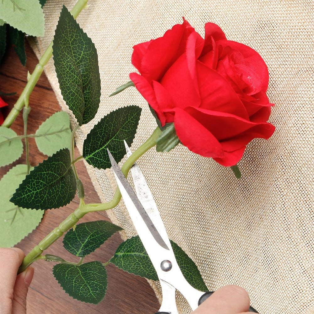 Mocoosy 12PCS Red Roses Artificial Flowers, Fake Roses with Long Stems Realistic Silk Rose Bouquets for Wedding Decorations Bridal Shower Faux Floral Arrangements Spring Party Home Table Decor