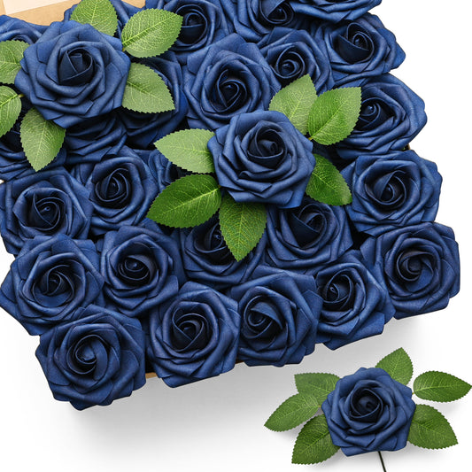 Mocoosy 50Pcs Roses Artificial Flowers, Navy Blue Fake Roses for Decorations, Real Touch Foam Rose Bulk with Stems DIY Wedding Bouquets Bridal Shower Centerpieces Floral Arrangements Party Home Decor