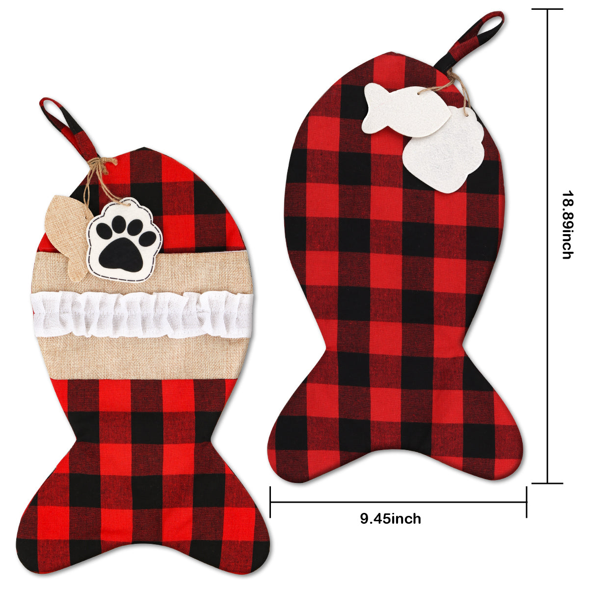Mocoosy 2 Pack Pet Cat Christmas Stockings Personalized, 19 Inch Burlap Red Black Buffalo Plaid Xmas Stockings for Cat, Large Decorative Stockings Christmas Fireplace Hanging Decorations Holiday Decor