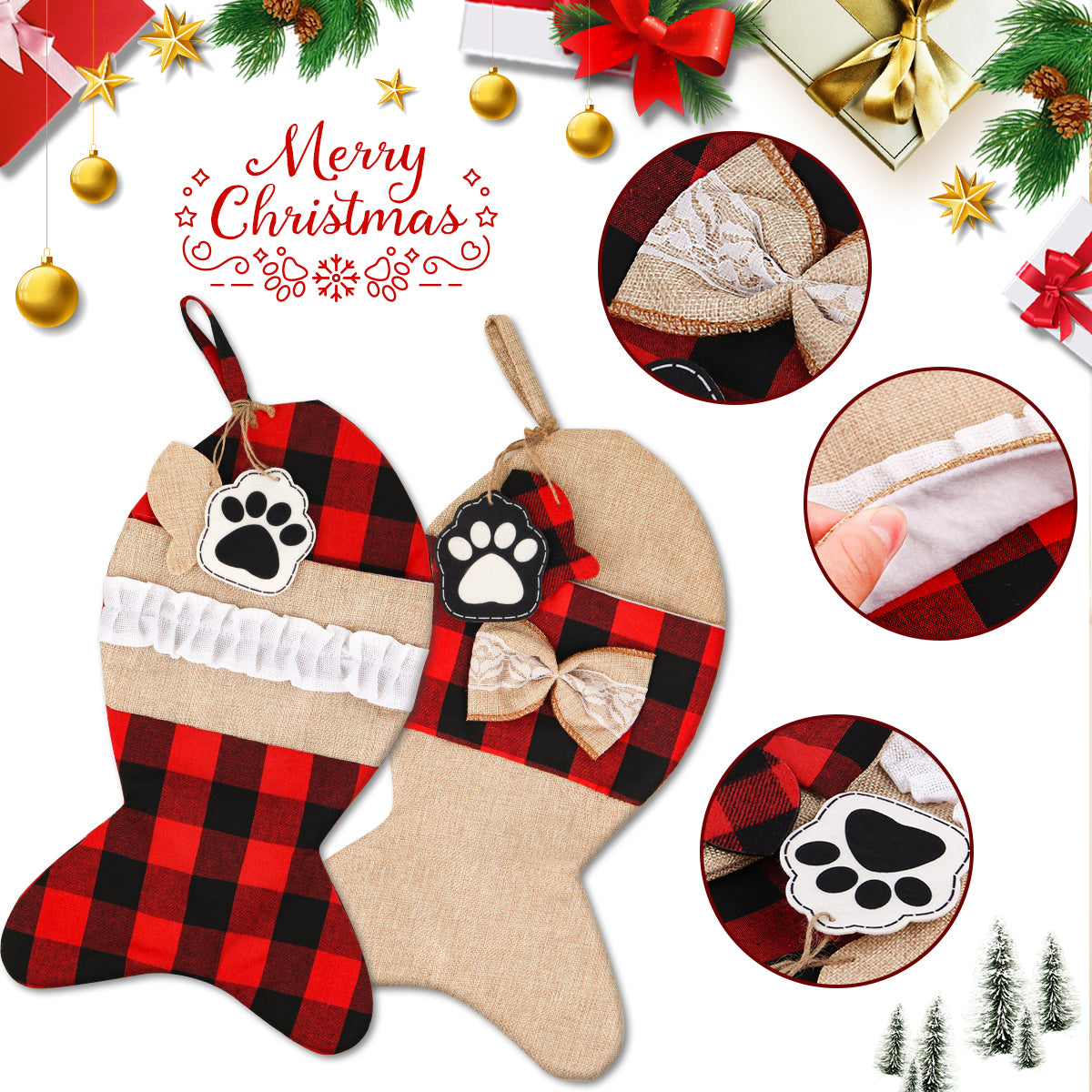 Mocoosy 2 Pack Pet Cat Christmas Stockings Personalized, 19 Inch Burlap Red Black Buffalo Plaid Xmas Stockings for Cat, Large Decorative Stockings Christmas Fireplace Hanging Decorations Holiday Decor