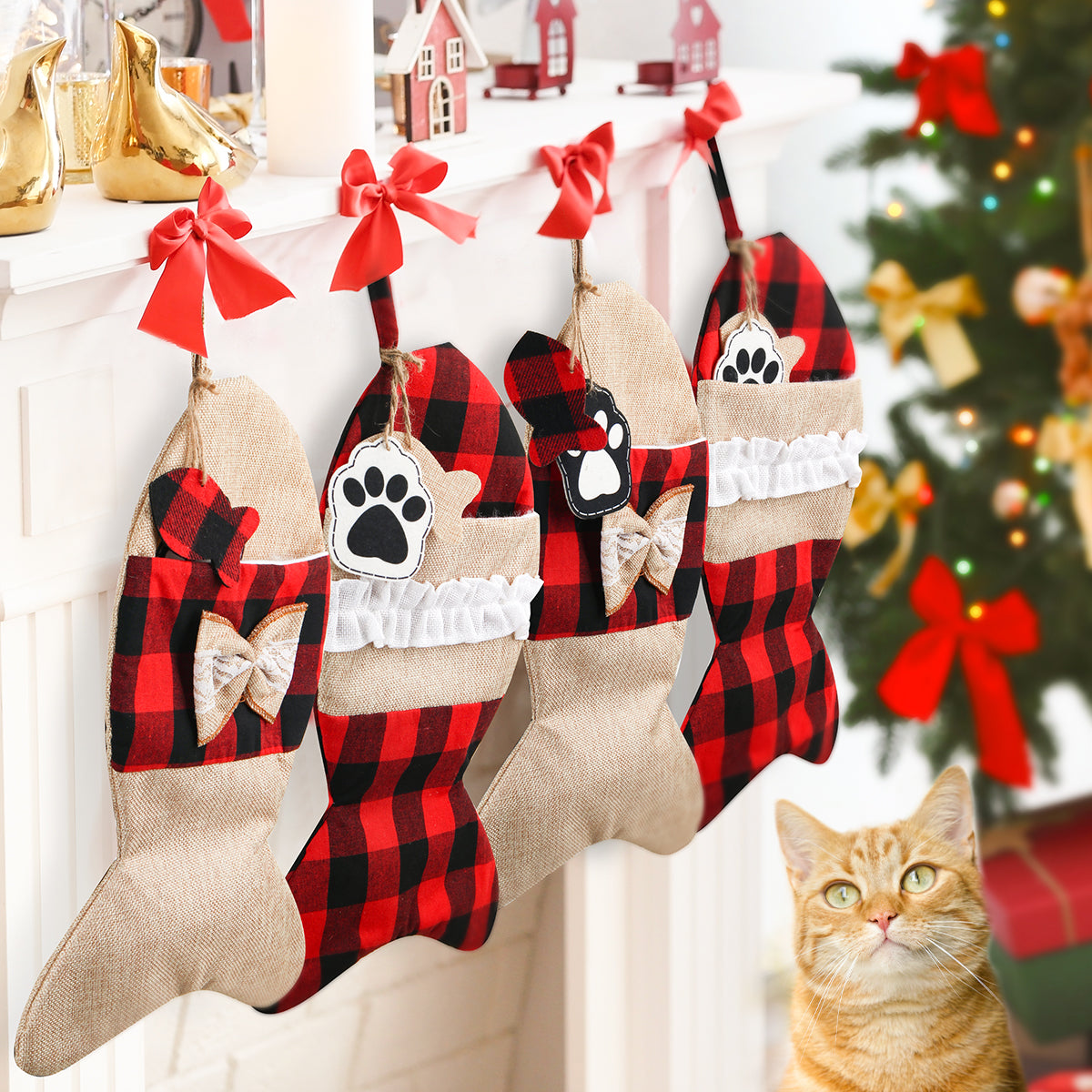 Mocoosy 2 Pack Pet Cat Christmas Stockings Personalized, 19 Inch Burlap Red Black Buffalo Plaid Xmas Stockings for Cat, Large Decorative Stockings Christmas Fireplace Hanging Decorations Holiday Decor