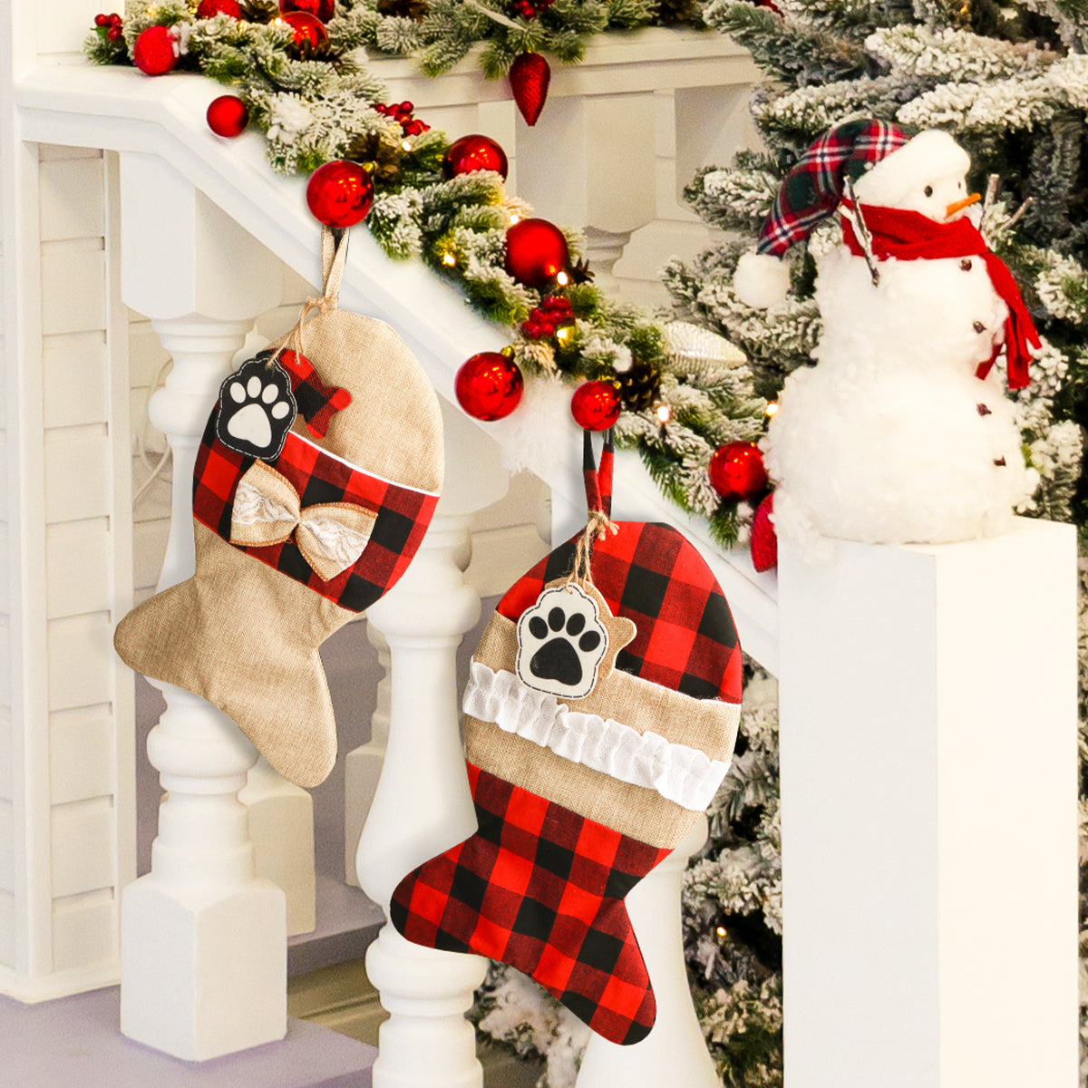 Mocoosy 2 Pack Pet Cat Christmas Stockings Personalized, 19 Inch Burlap Red Black Buffalo Plaid Xmas Stockings for Cat, Large Decorative Stockings Christmas Fireplace Hanging Decorations Holiday Decor