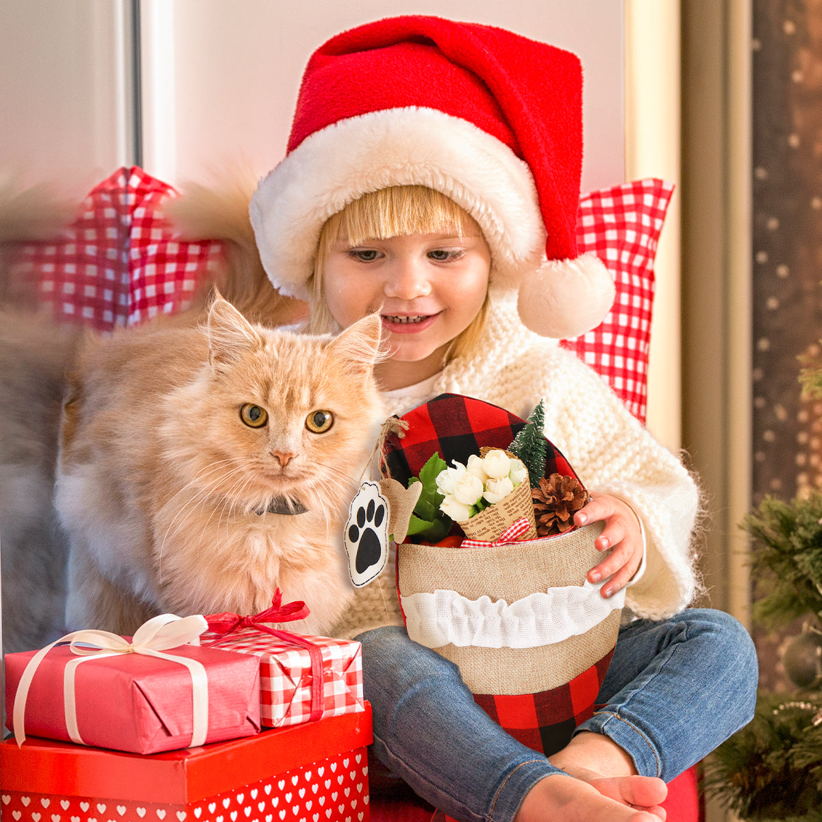 Mocoosy 2 Pack Pet Cat Christmas Stockings Personalized, 19 Inch Burlap Red Black Buffalo Plaid Xmas Stockings for Cat, Large Decorative Stockings Christmas Fireplace Hanging Decorations Holiday Decor