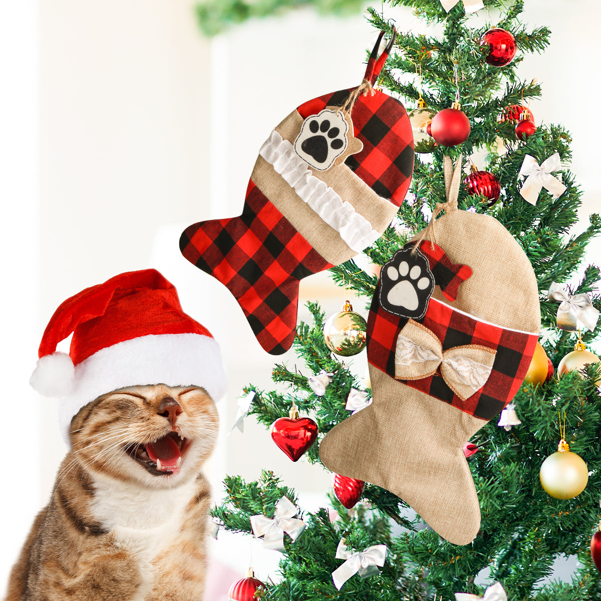 Mocoosy 2 Pack Pet Cat Christmas Stockings Personalized, 19 Inch Burlap Red Black Buffalo Plaid Xmas Stockings for Cat, Large Decorative Stockings Christmas Fireplace Hanging Decorations Holiday Decor