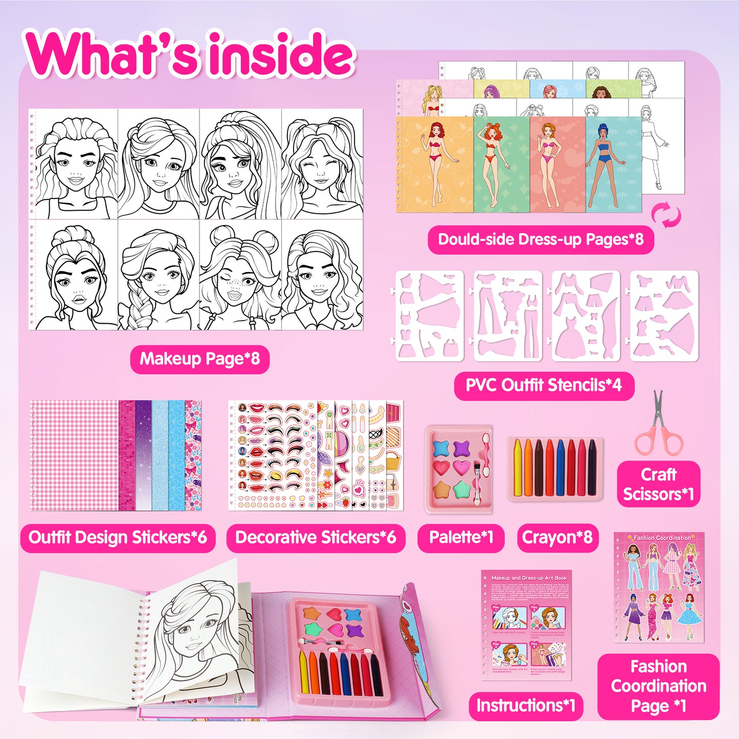 Mocoosy Makeup Craft Kit for Girls Ages 6-8, DIY Makeup Activity Book with Stickers, Mess-Free Dress-Up Art Crafts, Travel Game Car Road Trip Airplane Toy Birthday Gift Ideas for 6 7 9 10 Years Old