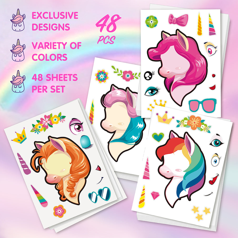 Mocoosy 48PCS Unicorn Stickers for Girls Age 4-6, Unicorn Party Favors for Toddlers 3-5, Make Your Own Sticker Birthday Game Activity Art Craft Supplies, Kids Goodie Bag Stuffers Classroom Prizes Gift