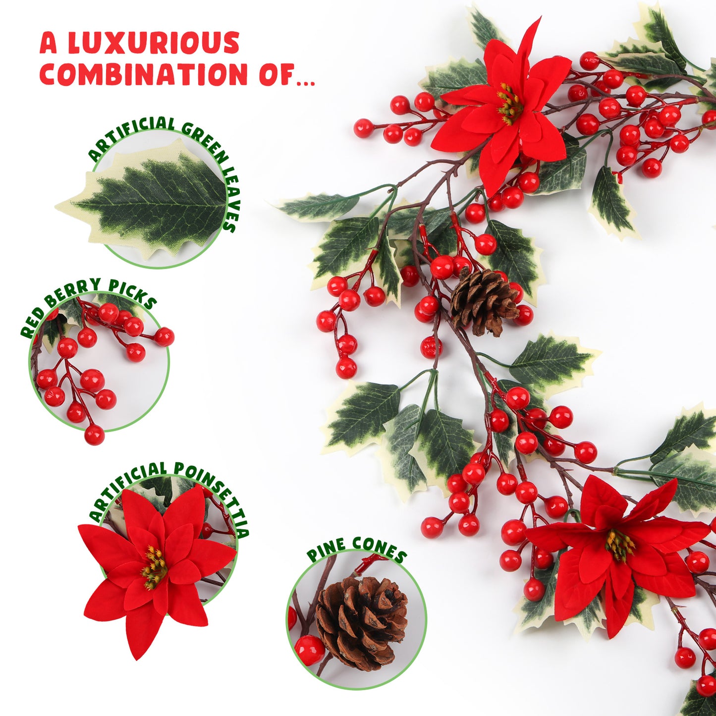 Mocoosy 6.3FT Red Berry Christmas Garland with Pine Cones and Poinsettia, Artificial Berries Garland Poinsettia Christmas Decorations for Indoor Outdoor Fireplace Winter Holiday Xmas Home Decor