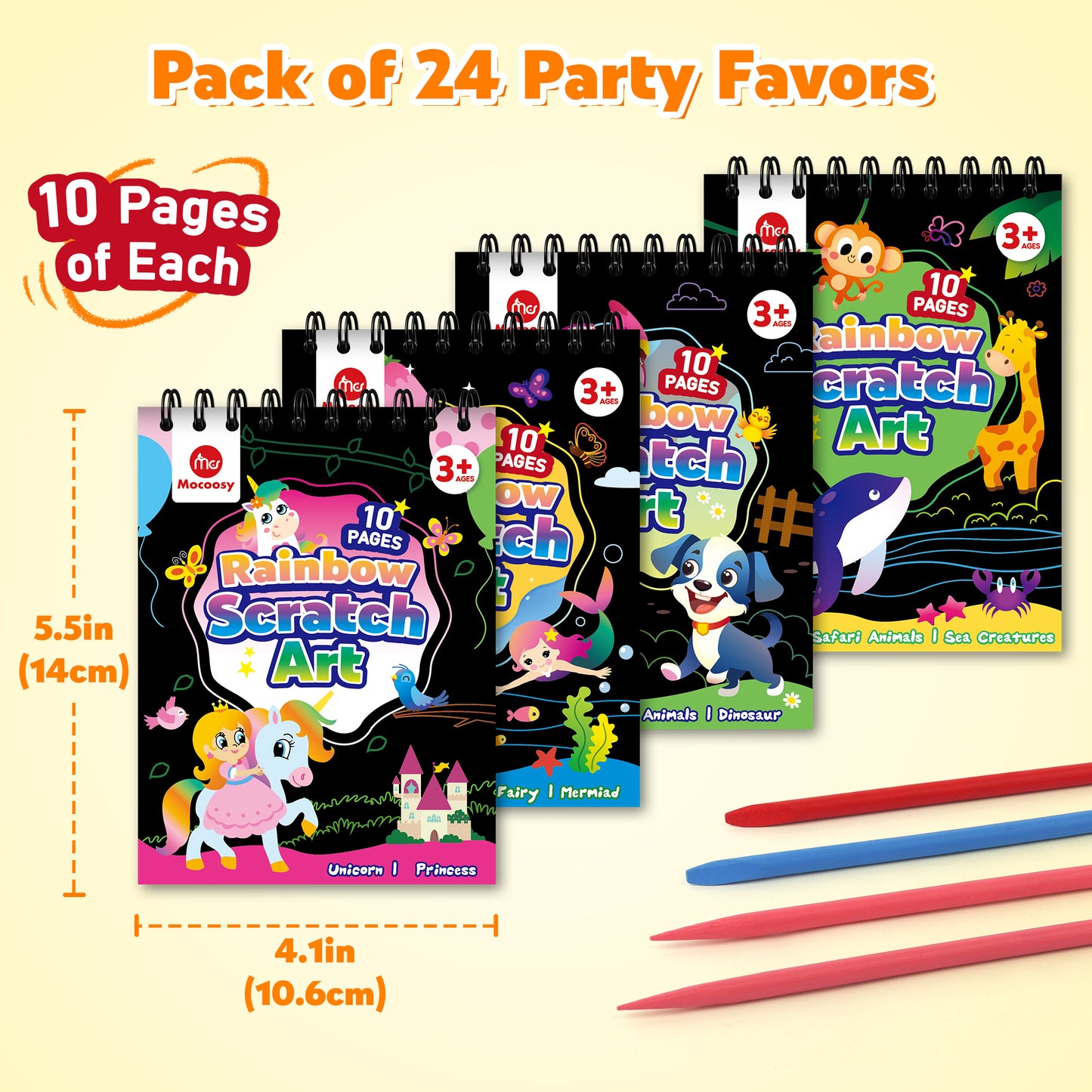 Mocoosy 24 Pack Scratch Art Party Favors for Kids, Rainbow Scratch Paper with 10 Designs, Easter Basket Stuffers, Birthday Goodie Bag Fillers, Classroom Prizes, Craft Kits, Art Supplies for Boys Girls