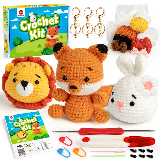 Mocoosy 3PCS Animal Crochet Kit for Beginners, Learn to Crochet Starter Kit for Kids Adults, Crochet Set with Step-by-Step Video Tutorials, DIY Knitting Supplies Include Yarn and Accessories