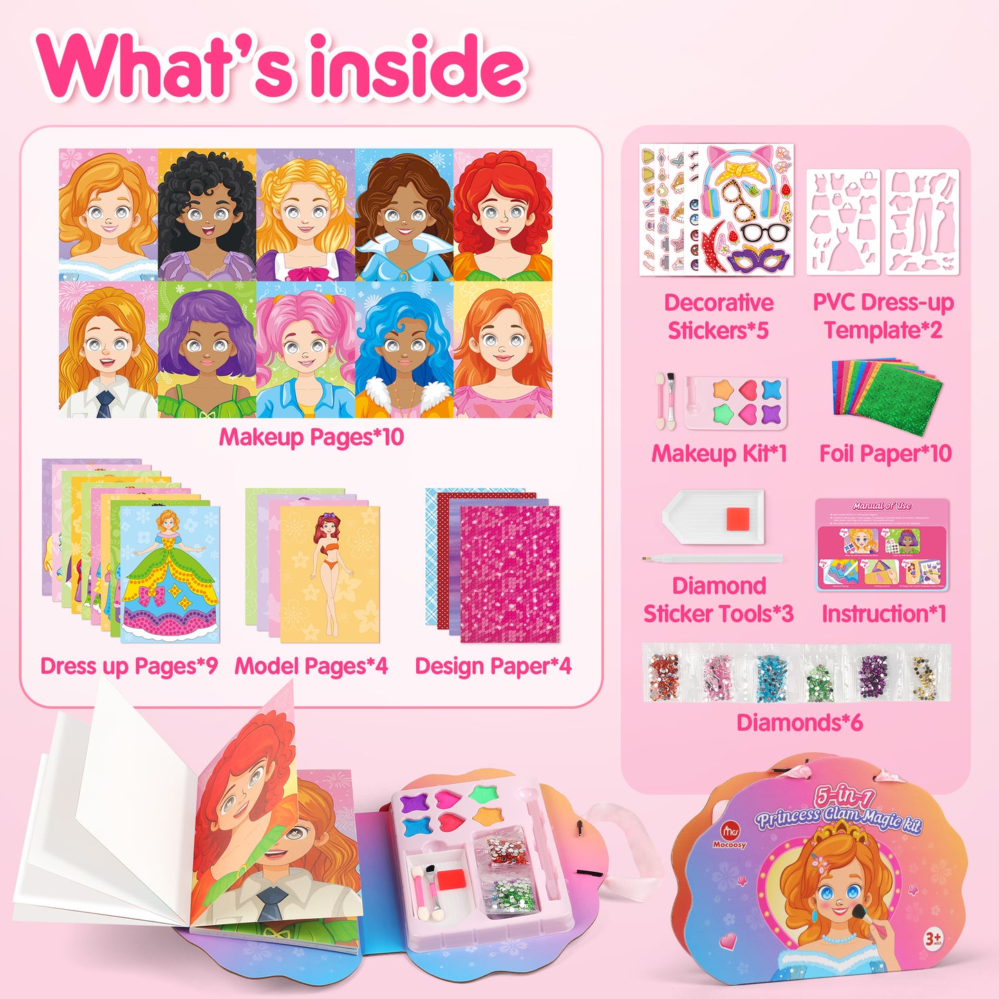 Mocoosy 5-in-1 Princess Dress Up & Makeup Book Set, Paper Doll Artist Activity Kit for Diamond Painting & Foil Art, Travel Game Airplane Car Road Trip Toys Art Craft Supplies for Girls Birthday Gift