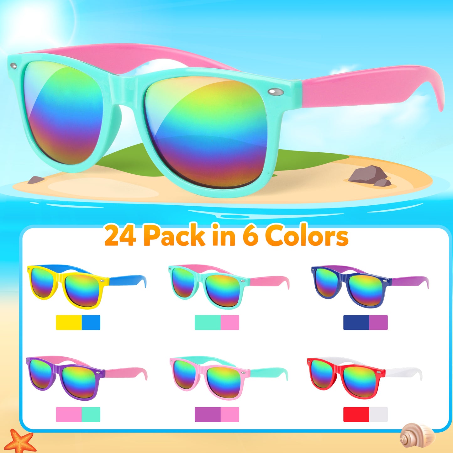 Mocoosy 24 Pack Kids Sunglasses Bulk, Neon Retro Sunglasses with UV400 Protection, Summer Pool Party Favors Beach Luau Graduation Party Supplies Birthday Goody Bag Stuffers for Boys Girls Age 4-8 8-12