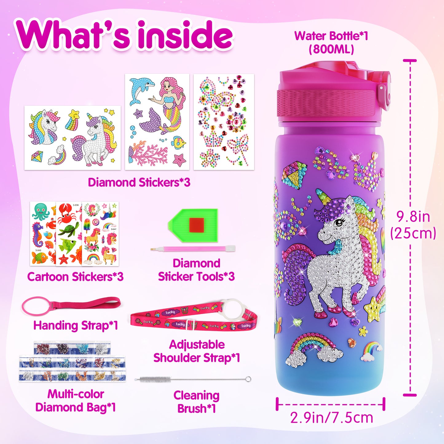 Mocoosy Decorate Your Own Water Bottle Kit for Girls, Art Crafts for Kids Ages 4-6-8-12, Unicorn & Mermaid Diamond Art Painting Toys Summer Craft Activity Birthday Gift Ideas for Girls 5-10 Years Old