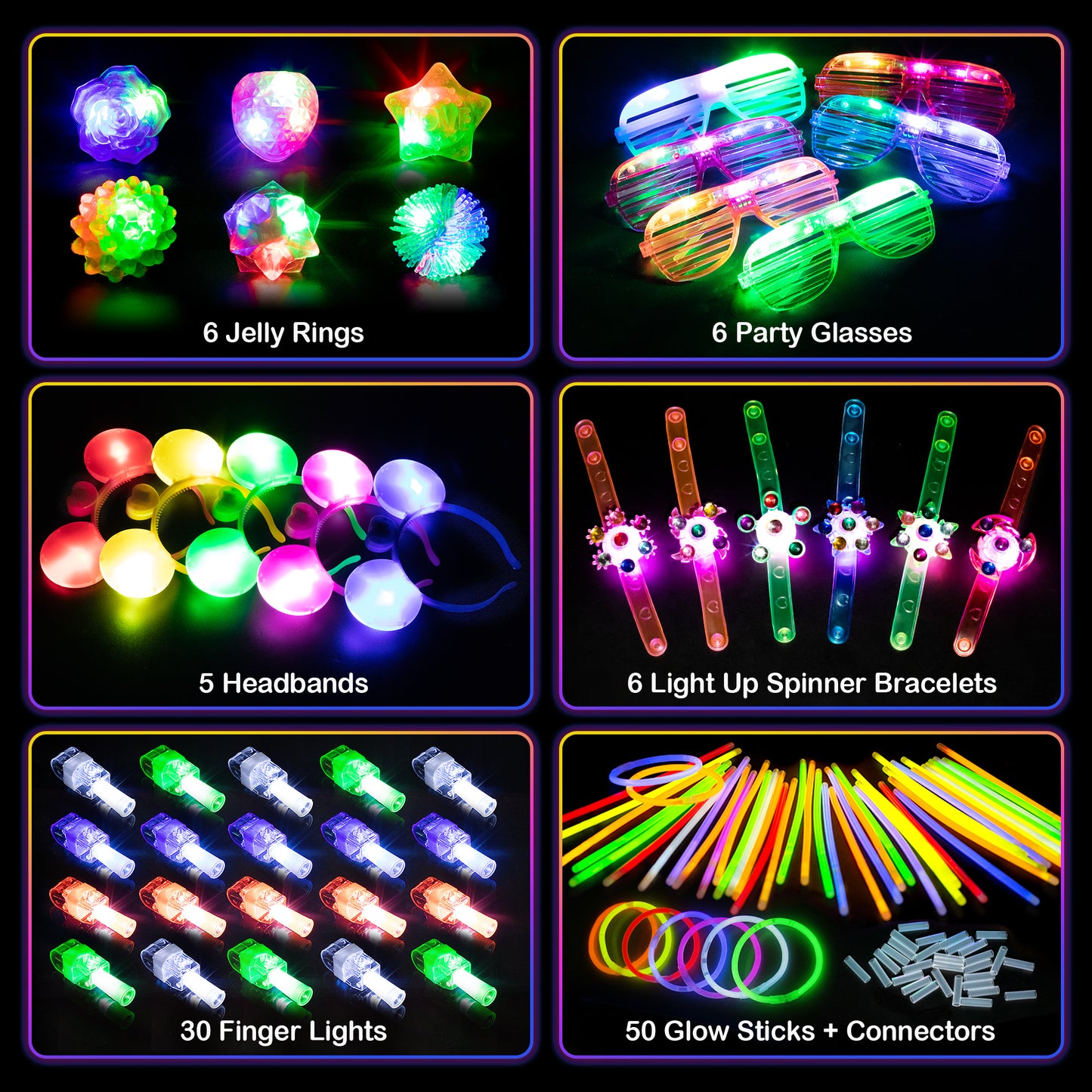 Mocoosy 103PCS Glow in the Dark Party Supplies, Light Up Party Favors for Kids Adults Neon Toys Bulk Party Pack With Glow Sticks, Led Glasses, Light Up Bracelets, Finger Lights, Jelly Ring & Headbands