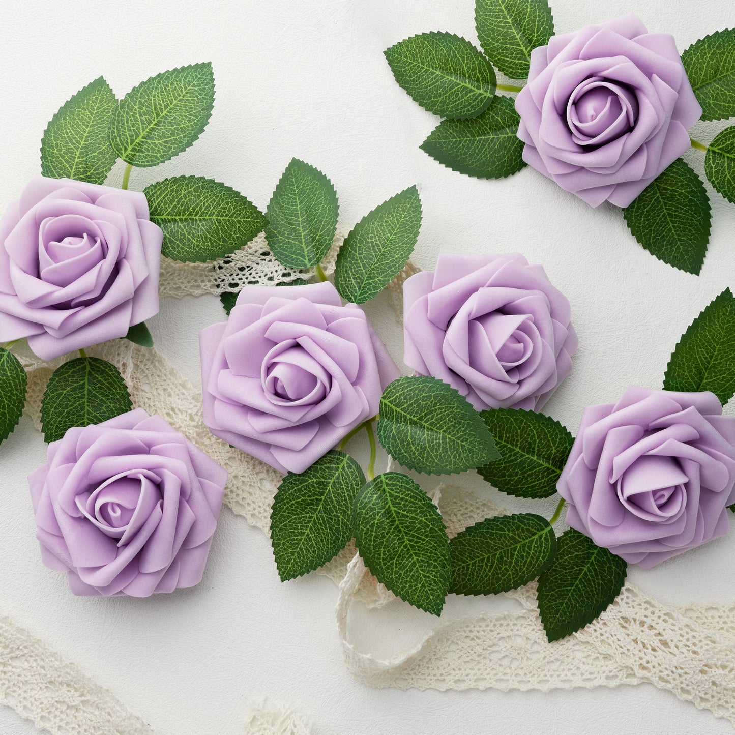 Mocoosy 50Pcs Rose Artificial Flowers, Lilac Fake Roses for Decorations, Light Purple Foam Rose Bulk with Stem DIY Wedding Bouquets Floral Arrangements Bridal Shower Centerpiece Party Home Table Decor