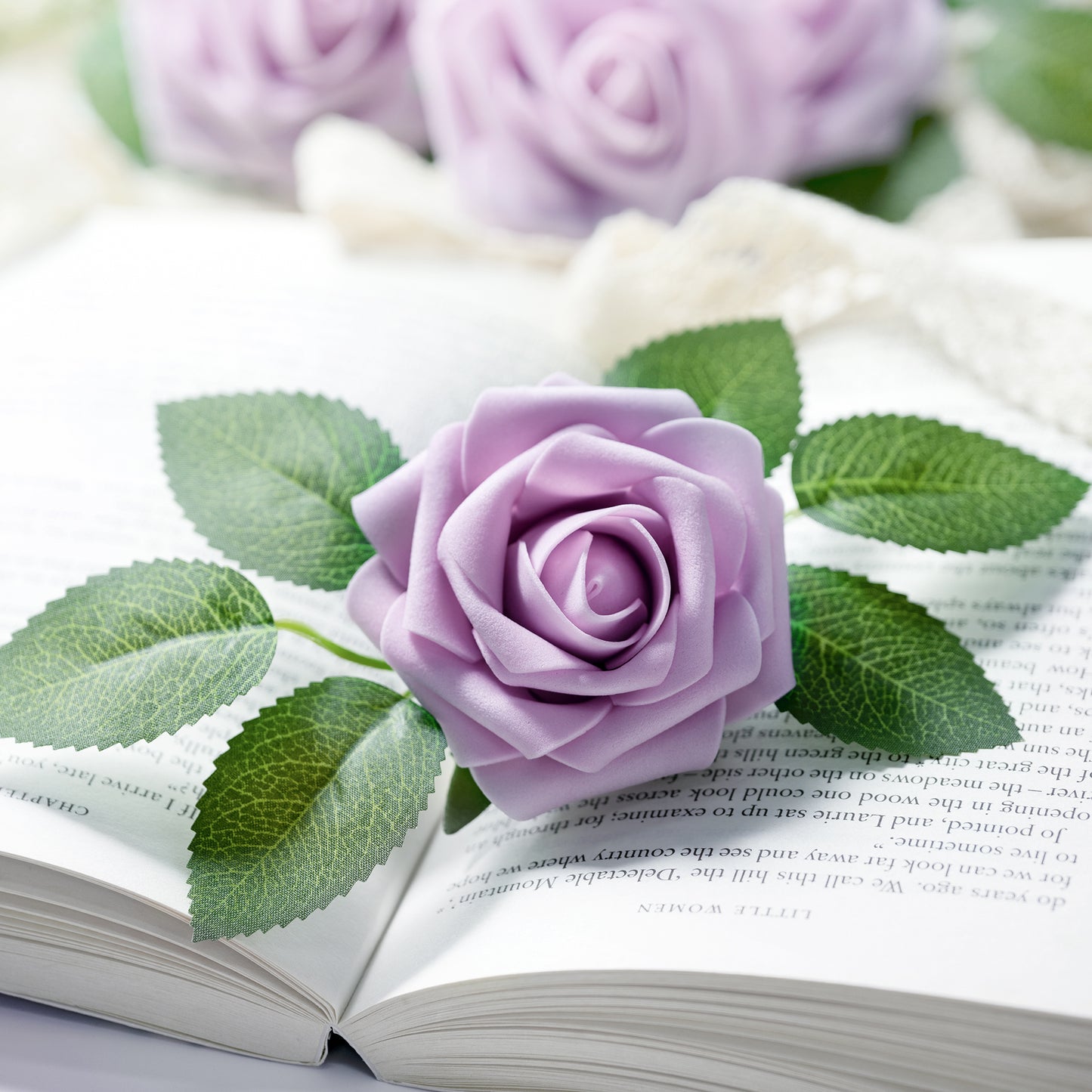 Mocoosy 50Pcs Rose Artificial Flowers, Lilac Fake Roses for Decorations, Light Purple Foam Rose Bulk with Stem DIY Wedding Bouquets Floral Arrangements Bridal Shower Centerpiece Party Home Table Decor