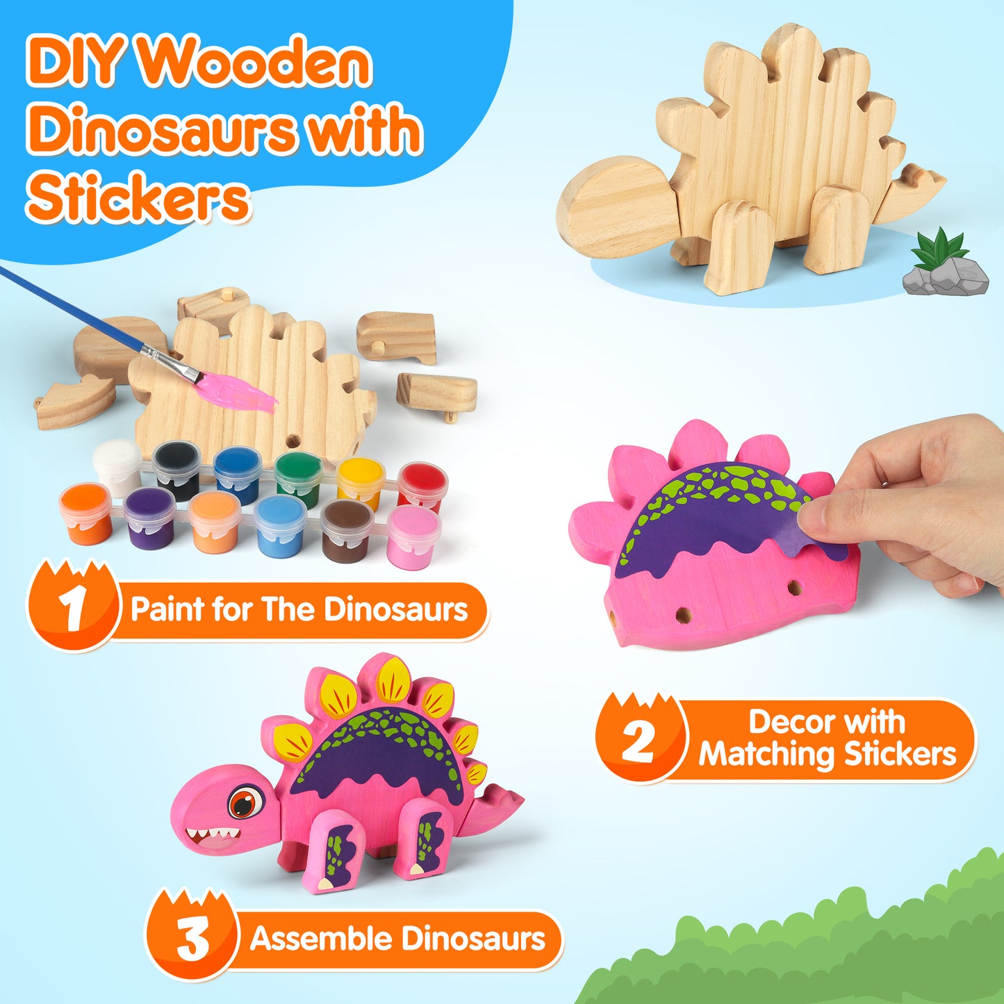 Mocoosy Wooden Dinosaur Painting Art Craft Kit for Kids 3-5, Wood Take Apart Dinosaur Snap Together Building Toy,Build Your Own Dinosaurs with Paint and Stickers STEM Game Creative Gift for Boys Girls